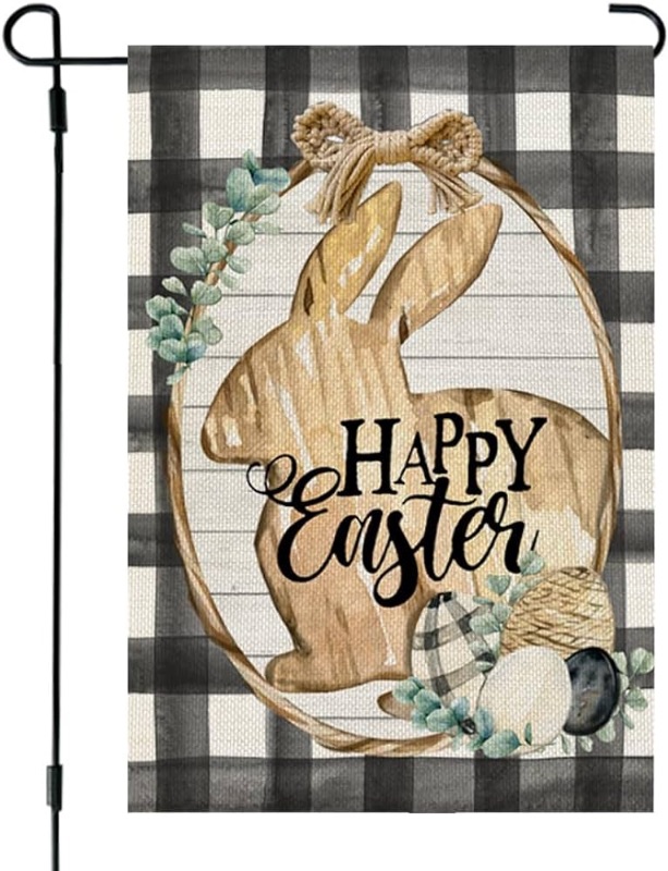 Photo 1 of **TWO PACK**CROWNED BEAUTY Happy Easter Bunny Garden Flag 12x18 Inch Double Sided for Outside Small Burlap Holiday Buffalo Plaid Yard Flag