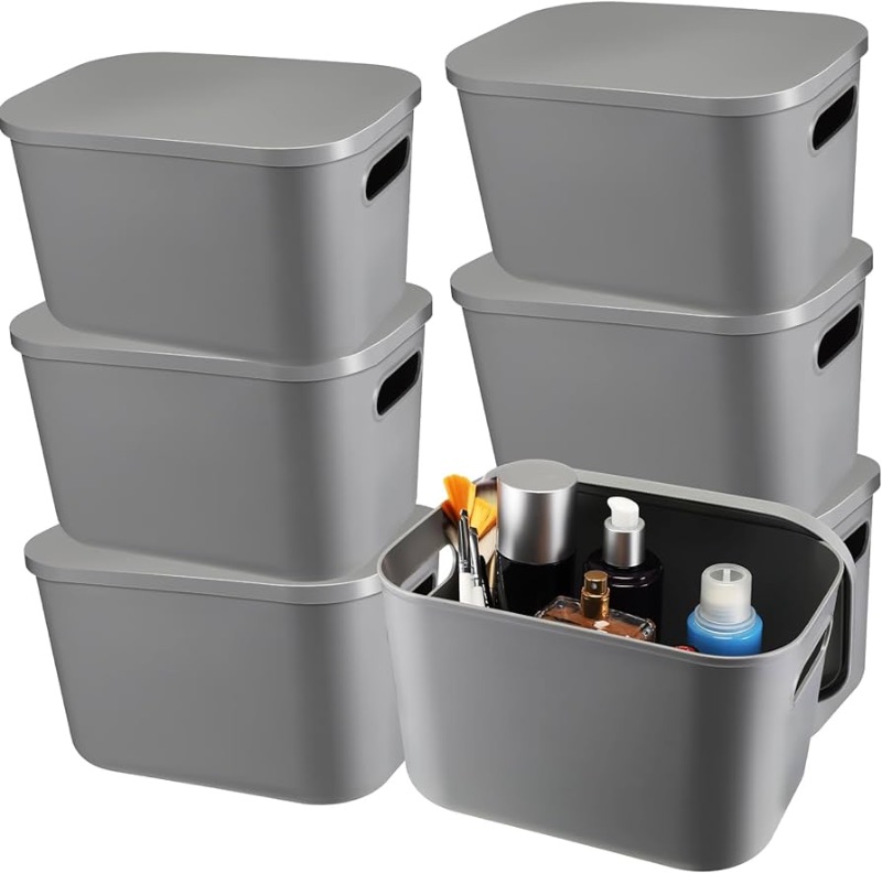 Photo 1 of 6 Pcs Plastic Storage Bins Lidded Storage Bins with Lids Home Sturdy Small Kitchen Storage Containers Stackable Baskets for Organizing Storage Box with Handle for Shelves Drawers (Gray)