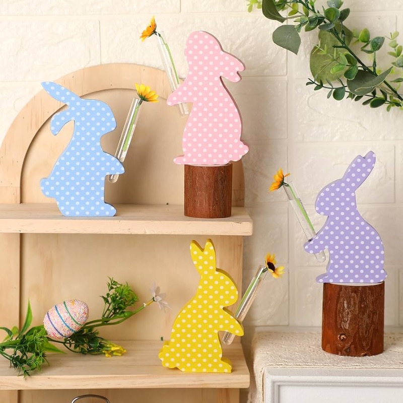 Photo 1 of **TWO PACK**4 Pcs Easter Bunny Table Wooden Signs with Vase and Sunflower Bunny Shaped Freestanding Centerpiece Signs Wood Easter Bunnies Bunny Shaped Farmhouse Decor for Home Tabletop (Dotted Color)