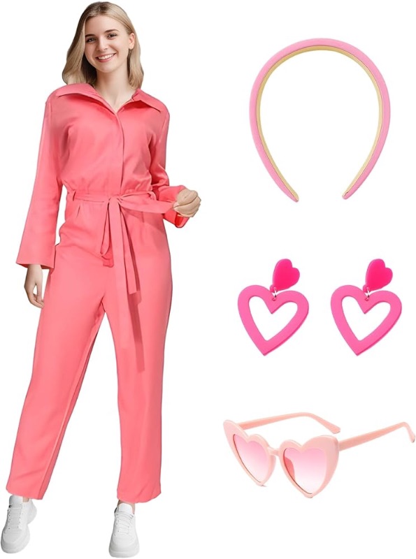 Photo 1 of DreamJ Women’s Pink Jumpsuit 70s 80s Disco Party Costume Long Sleeve One Piece Cosplay Outfits Elegant Pink Overalls