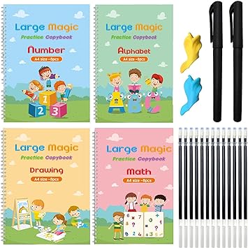 Photo 1 of Monking 4Pc Large Magic Practice Copybook for Kids,Handwriting Practice Book 4 Pack with Pen Refill English Cursive Calligraphy Reusable Age 3-8 ?11.4x8.3Inch (4pc+2 pen)