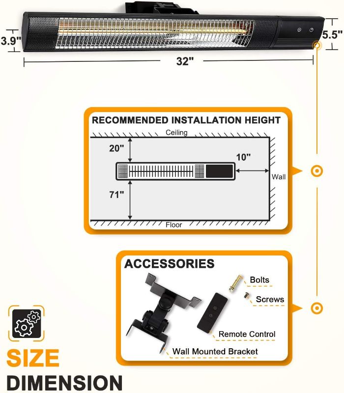 Photo 4 of (READ FULL POST) Star Patio Electric Patio Heater, Outdoor Wall Mounted Heater, Infrared Heater with Remote, Instant Heating1500W, IP55 Waterproof Outdoor Heaters, Without Bright Light, STP2580-RM-S