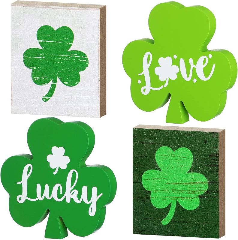 Photo 1 of **bundle of 2*stock photo for reference***5 Pcs St. Patrick's Day Table Sign Decoration Green Shamrock Lucky Sign Wooden Saint Patrick's Day Tray Decor Centerpiece Irish Freestanding Decorative