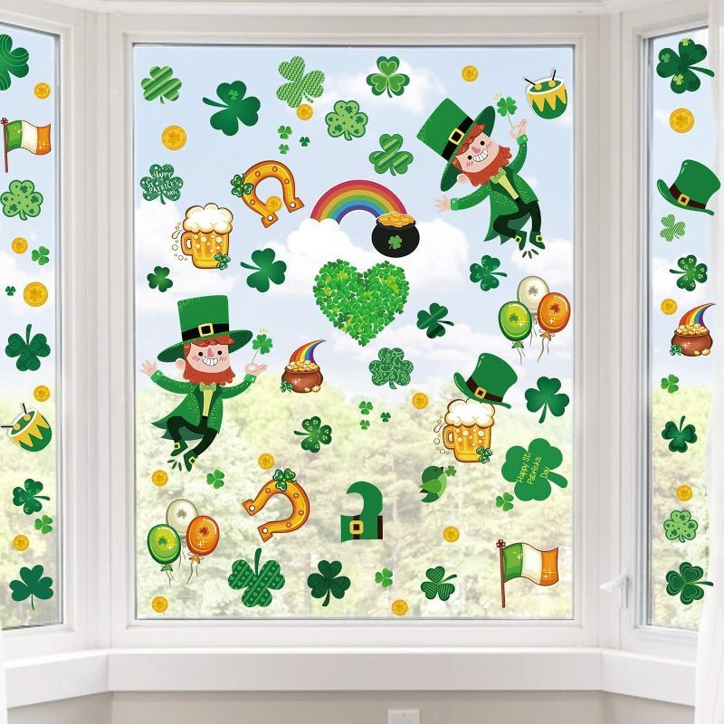 Photo 1 of **bundle of 2***St Patricks Day Window Clings, Shamrock Stickers for St Patricks Day Decorations, 150Pcs Reusable Static Spring Window Clings Décor