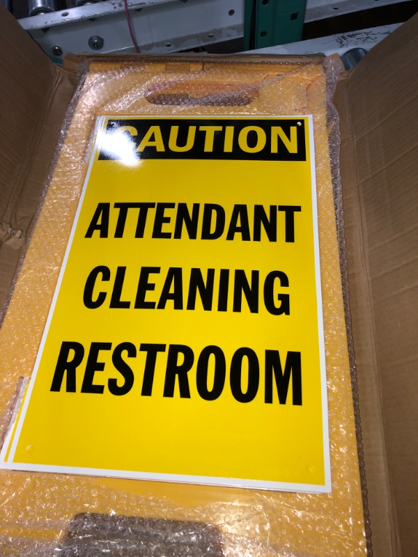 Photo 2 of (minor damage)
SmartSign 25 x 12 inch “Caution - Attendant Cleaning Restroom” Two-Sided Folding Floor Sign with Falling Symbol, Portable and Lightweight A-Frame, Easy Grip Handle, Plastic, Black and Yellow