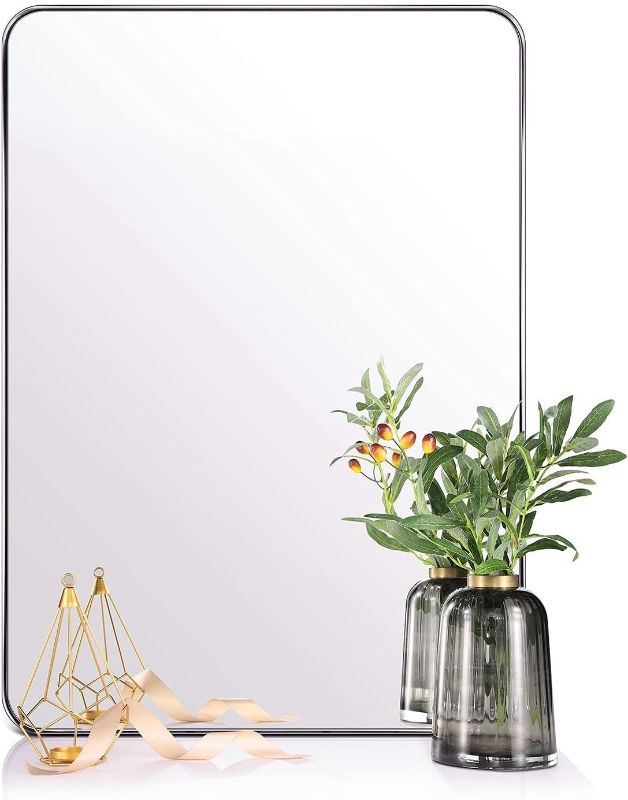 Photo 1 of ANDY STAR Brushed Nickel Mirror for Bathroom, 22"x30" Silver Metal Frame Wall Mirror, Rectangular Stainless Steel Rounded Corner Mirror with 1’’ Deep Set Design Hangs Horizontal Or Vertical Brushed Nickel 22" x 30"