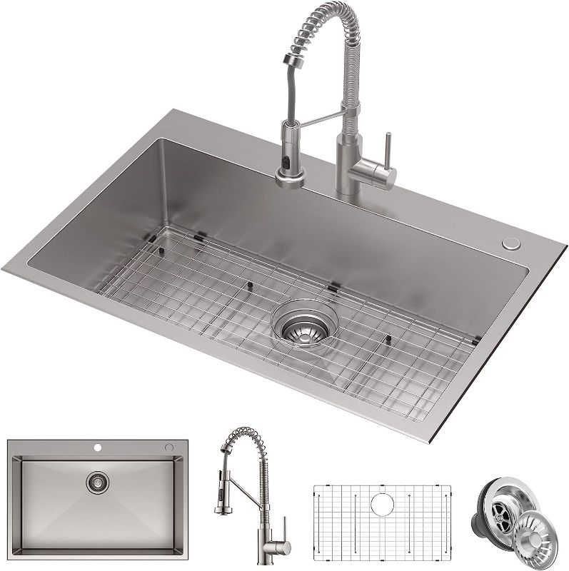 Photo 1 of (SIMILAR TO STOCK PHOTO) 
Kraus KCA-1102 Stark Dual Mount Drop Sink and Pull-Down Commercial Kitchen Faucet Combo in Stainless Steel Finish, 33"- Single Bowl