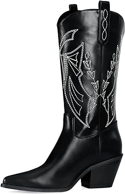 Photo 1 of Shoe'N Tale Cowboy Boots for Women Western Cowgirl Boots Embroidered Pointed Toe Mid Calf Boots with Chunky Block Hee