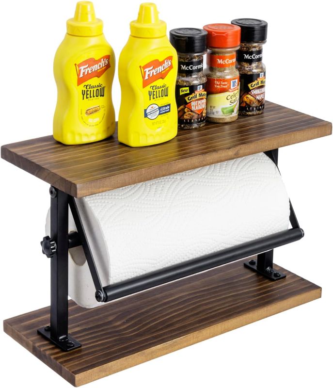 Photo 1 of  Display Shelf Rack, Rustic Burnt Wood and Metal Towel Dispenser with Top Shelf for Bathroom or Kitchen