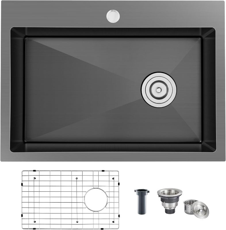 Photo 1 of 26 inch Drop-in Black Kitchen Sink Single Bowl, Topmount Kitchen Sink with Protective Bottom Grid, 