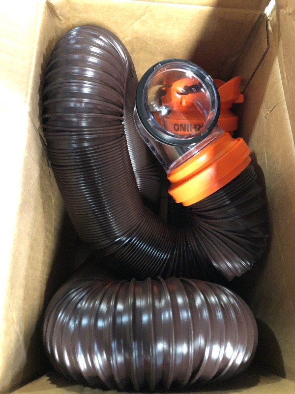 Photo 3 of Camco RhinoFLEX RV Sewer Hose Kit with Swivel Transparent Elbow and 4-in-1 Dump Station Fitting, Brown, 15 Feet (39770) 15ft Sewer Hose Kit Frustration-Free Packaging