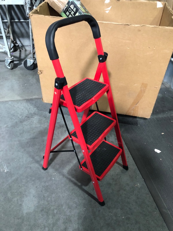 Photo 2 of ***NONREFUNDABLE - MAJOR DAMAGE - UNSAFE - FOR PARTS ONLY - SEE COMMENTS***
3 Step Ladder,Portable Folding Step Stool with Convenient Handgrip and Anti-Slip Wide Pedal,Portable and Versatile for Adults Home Kitchen,Lightweight,Sturdy Construction.