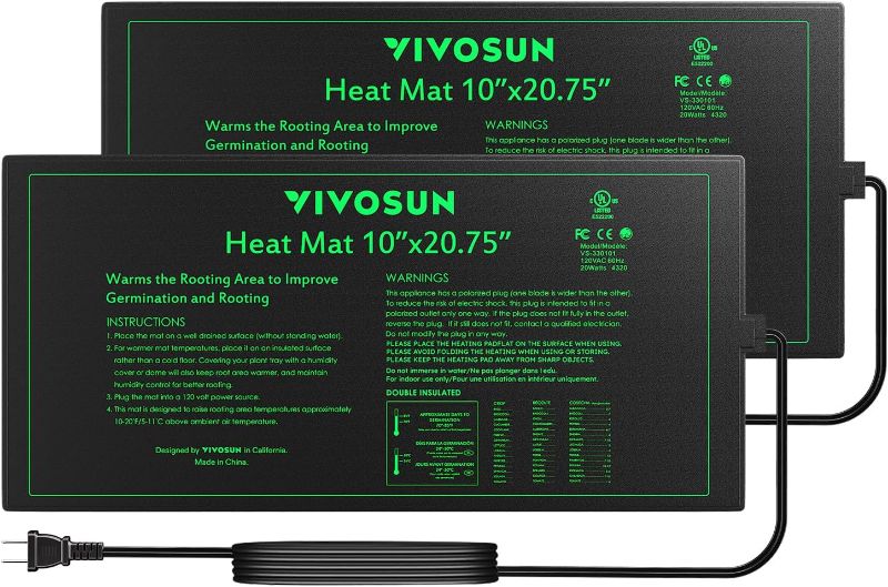 Photo 1 of VIVOSUN 2 Pack Durable Waterproof Seedling Heat Mat 10" x 20.75" UL & MET-Certified Warm Hydroponic Heating Pad for Germination, 