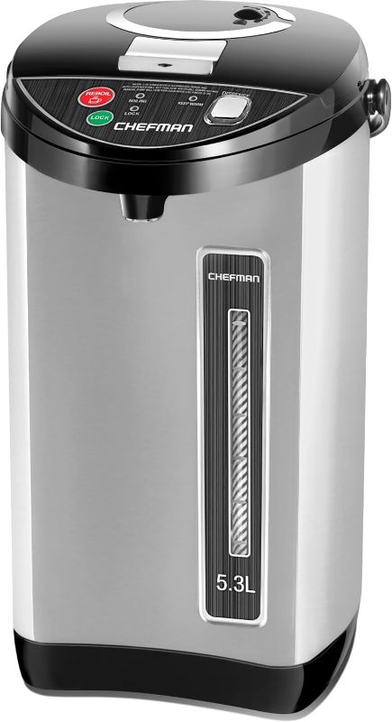 Photo 1 of Chefman Electric Hot Water Pot Urn w/ Manual Dispense Buttons, Safety Lock, Instant Heating for Coffee & Tea, Auto-Shutoff/Boil Dry Protection, Insulated Stainless Steel, 5.3L/5.6 Qt/30+ Cups