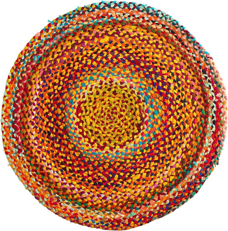 Photo 1 of Nearly Natural 3ft. x 3ft. Hand Braided Boho Colorful Chindi Round Rug