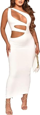 Photo 1 of Sexy One Shoulder Cutout Dresses for Women Sleeveless Bodycon Maxi Dress for Party Club Night