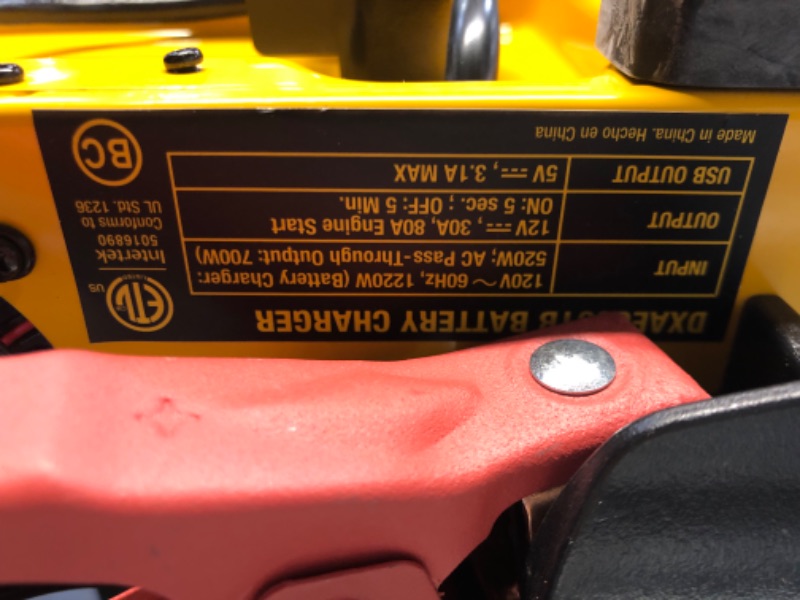 Photo 1 of DEWALT DXAEC801B 30 Amp Bench Battery Charger: 80 Amp Engine Start, 2 Amp Maintainer, 120V AC Outlet, 3.1A USB Port, Battery Clamps Single Battery Charger