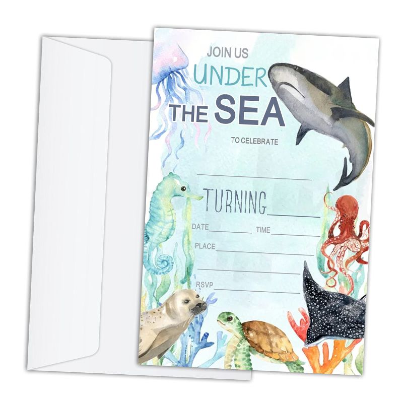 Photo 1 of Birthday Invitations Cards with Envelopes Set of 20 - Watercolor Ocean Under the Sea Birthday Party Invitations