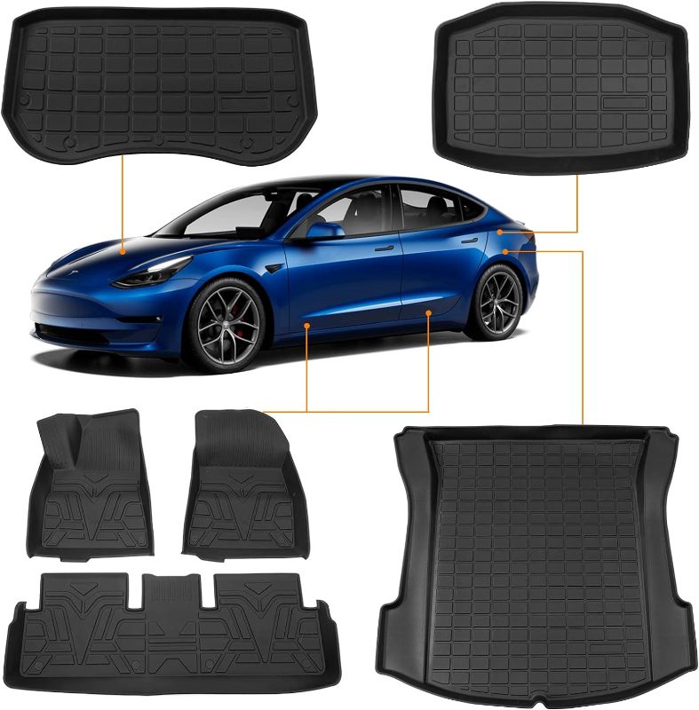 Photo 1 of BASENOR 6PCS Tesla Model 3 Floor Mats Full Set Mats Heavy Duty All-Weather Waterproof TPE Front Rear Cargo Liners Floor Protect Interior Accessories for Model 3 2021 2022 2023 6PCS Set Mats