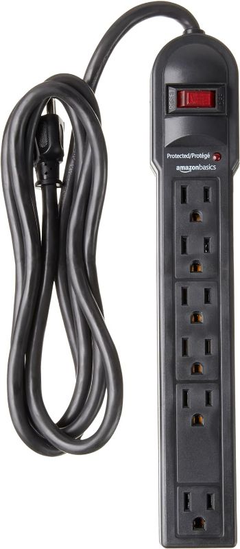 Photo 1 of Amazon Basics Rectangular 6-Outlet Surge Protector Power Strip, 6-Foot Long Cord, 790 Joule - Black