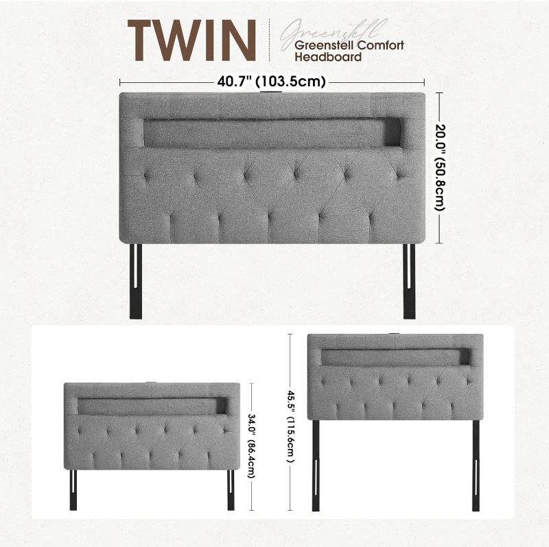 Photo 4 of (NON-REFUNDABLE) GREENSTELL Headboard for Twin Size Bed with 60,000 DIY Color of LED Light, USB & Type C Post, Attach Frame, Height Adjustable, Gray Wall Mounted Head Boards Only, Sturdy & Stable, Comfortable, Twin
