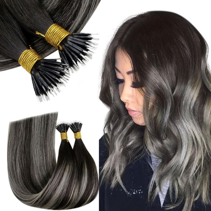 Photo 1 of 
RUNATURE Nano Human Hair Extensions Black Ombre Silver Blonde Nano Hair Extensions