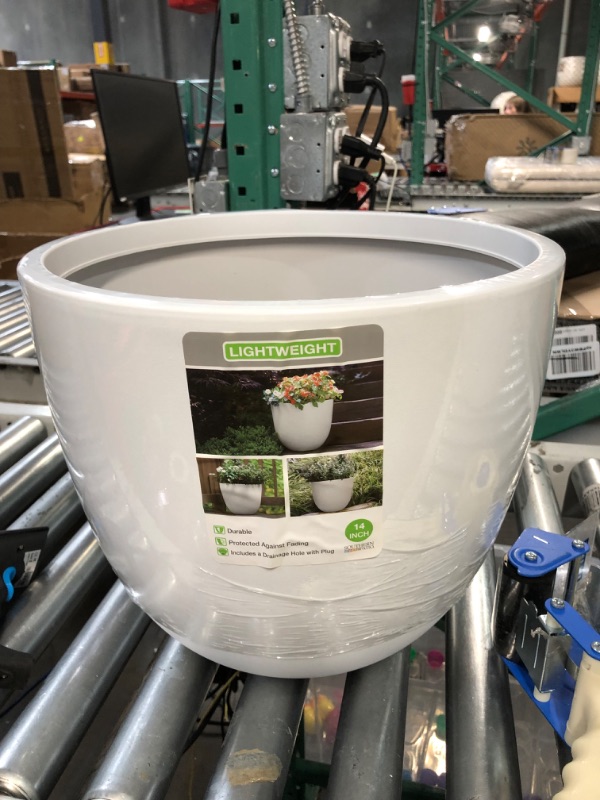 Photo 1 of 14 in. Fresno Medium White Resin Planter (14 in. D x 12 in. H) With Drainage Hole