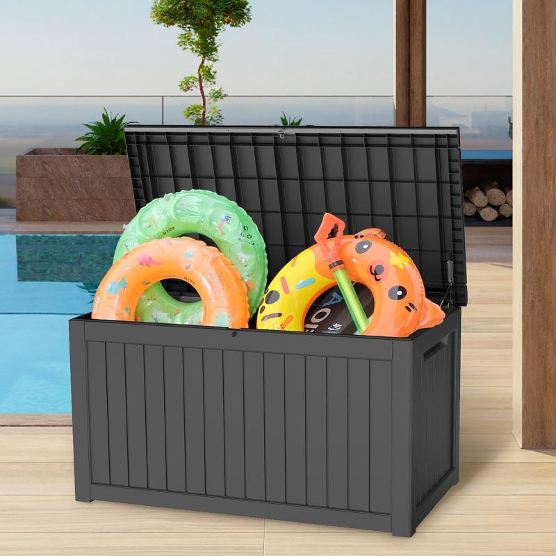 Photo 1 of *****STOCK IMAGE FOR SAMPLE*****
Resin Deck Box, Waterproof Large Outdoor Storage Box for Patio Furniture Cushions, Gardening Tools, and Pool Toys, Lockable, Black