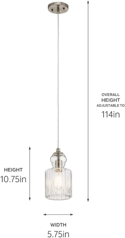 Photo 4 of (READ FULL POST) Kichler Lighting Riviera 10.75" 1 Light Pendant with Clear Ribbed Glass in Brushed Nickel 43957NI