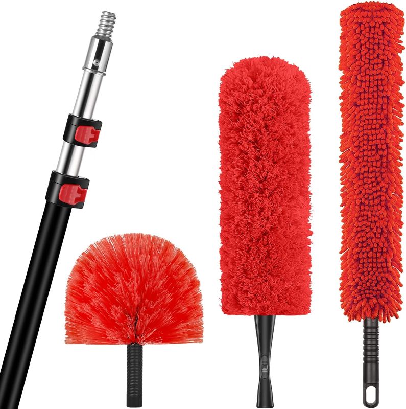 Photo 1 of 20 Foot High Reach Duster Kit with 5-12 Ft Extension Pole, Window Squeegee with Scrubber, Cobweb Duster Spider Web Brush, High Ceiling Fan Duster for Cleaning High Window, Ceiling Fan, Interior Roof RED