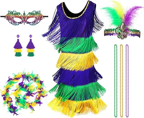 Photo 1 of 8 Pcs Mardi Gras Costume Accessories Set Mardi Gras Fringe Dress Feather Headband Eye Mask Bead Necklace Earring MEDIUM