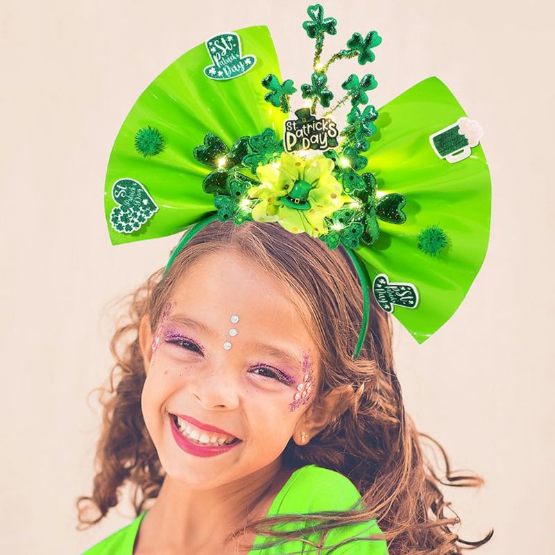 Photo 1 of  Bow Light Up Headband Green Shamrock St. Patrick's Day Hairband Party LED Flash Clover Irish Festival Bowknot Headpiece for Women and Girls
