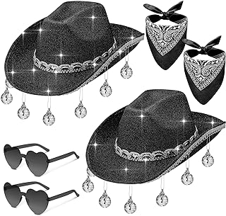 Photo 1 of 6 Pieces Rhinestone Disco Ball Cowboy Cowgirl Hat with Bandana Heart Sunglasses for Adult Western Costume Accessory