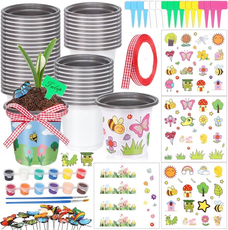 Photo 1 of Garden Plastic Pot Craft Kit 50 Nursery Pots with 32 Stickers 50 Plant Labels 4 Painting Tools and 1 Ribbon for Kids Flower Plant Spring Graduation DIY Crafts Painting Gardening Growing Tools