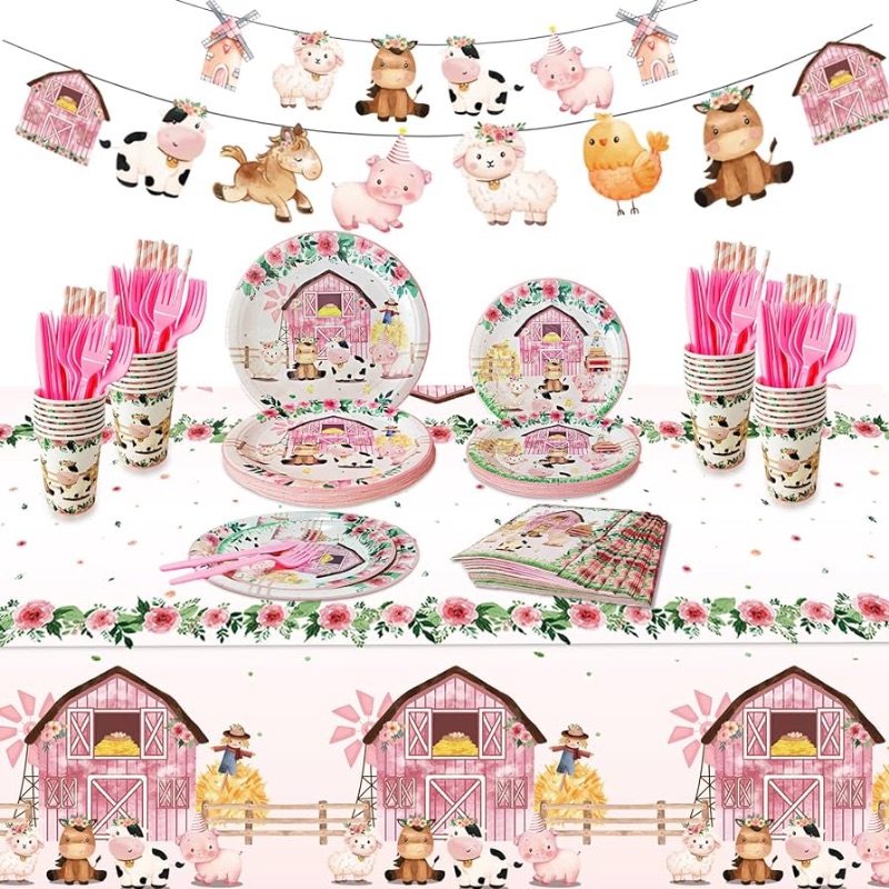 Photo 1 of Farm Animals Party Supplies Plates Set for 24 Guests, Cute Pink Animal Baby Shower Girl Birthday Party DecorationsTablecloth,Plate, Cup,Straws, Farm House Animal Barnyard Tableware