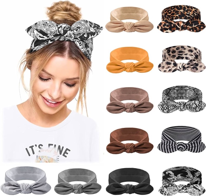 Photo 1 of Jesries Headbands for Women Non Slip Hair Bands with Bows Rabbit Ears Workout Running Sport Sweat Elastic Hair Wrap for Girls Hair Accessories 12 Pack