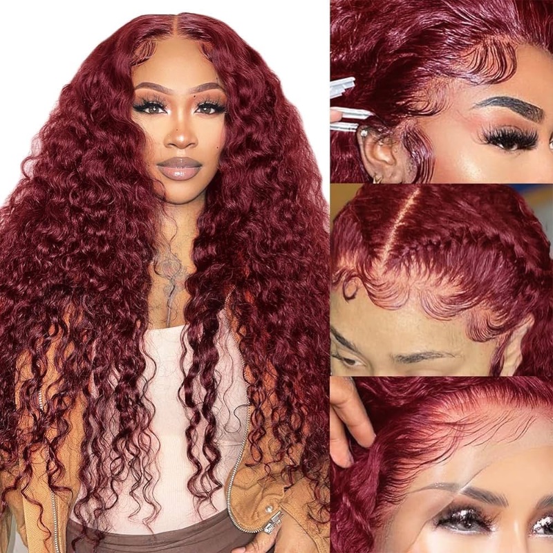 Photo 1 of 99j Burgundy Lace Front Wigs Human Hair 18inch Burgundy Lace Front Wigs Human Hair 13x4 99j Deep Wave Lace Front Wig 180% Density Burgundy Deep Wave Wig with Natural Hairline for Women