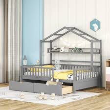 Photo 1 of ***READ NOTES***INCOMPLETE BOX 2 OF 2 ONLY
House Bed with Storage Drawers and Rails, Full Size Kids Montessori House Bed with Shelf, Wood Tent Cabin Beds Frame for Girls Boys Teens, Gray