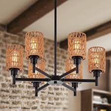 Photo 1 of (Similar to Stock Photo) Chandelier Light Fixture Vintage Farmhouse 6-Lights Black Chandelier Boho Retro 24.8" Hand Woven Bamboo