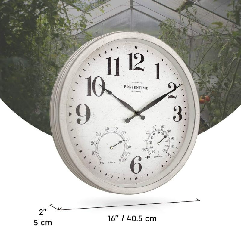 Photo 4 of (READ FULL POST) PresenTime & Co 16" Farmhouse Series in/Outdoor Clock with Thermometer & Hygrometer, Weathered White Color