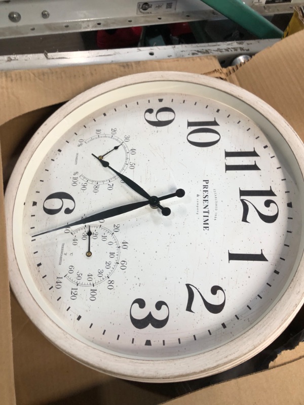 Photo 2 of (READ FULL POST) PresenTime & Co 16" Farmhouse Series in/Outdoor Clock with Thermometer & Hygrometer, Weathered White Color