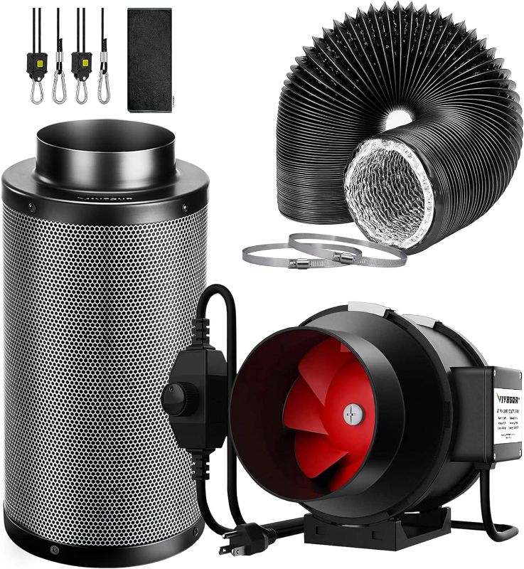 Photo 1 of `VIVOSUN Air Filtration Kit, 6” 390 CFM Inline Ventilation Fan with Speed Controller, 6” Black Carbon Filter and 8’ of Black Ducting for Grow Tent, Planting Room, Air Circulation