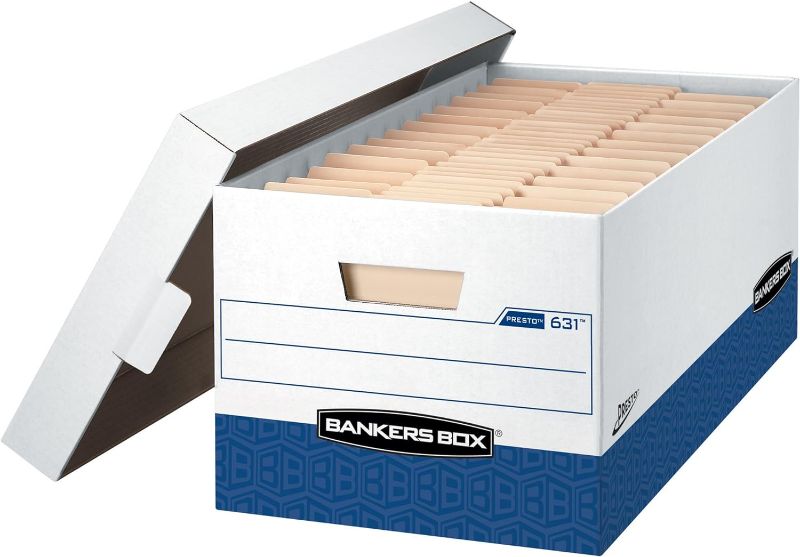 Photo 1 of Bankers Box 12 Pack Presto Heavy-Duty File Storage Boxes, Instant Assembly, Lift-Off Lid, Letter, White/Black