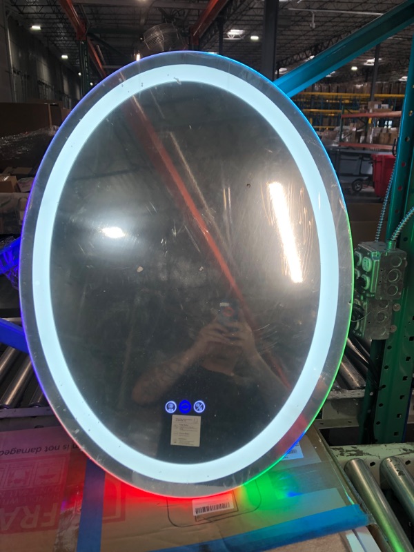 Photo 2 of 24 x 32 Inch Bathroom Oval Lighted Mirror RGB Backlit Oval LED Mirror for Bathroom Wall Oval Vanity Mirror with Lights 3 Color + Rainbow Color Changing Lights Dimmable AntiFog Oval Smart Mirror 32 X 24 Inch