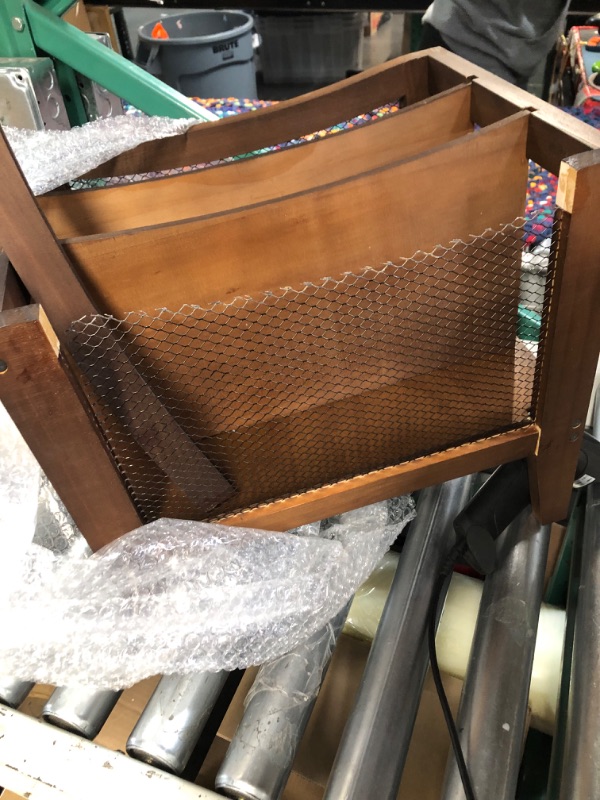 Photo 2 of 3 Slots Wooden Desktop File Holder Organizer Wood Magazine Holder with Netting Side Panels Brown Magazine Rack for Letters Magazines Newspapers for Home Office, 15" x 11" x 13"