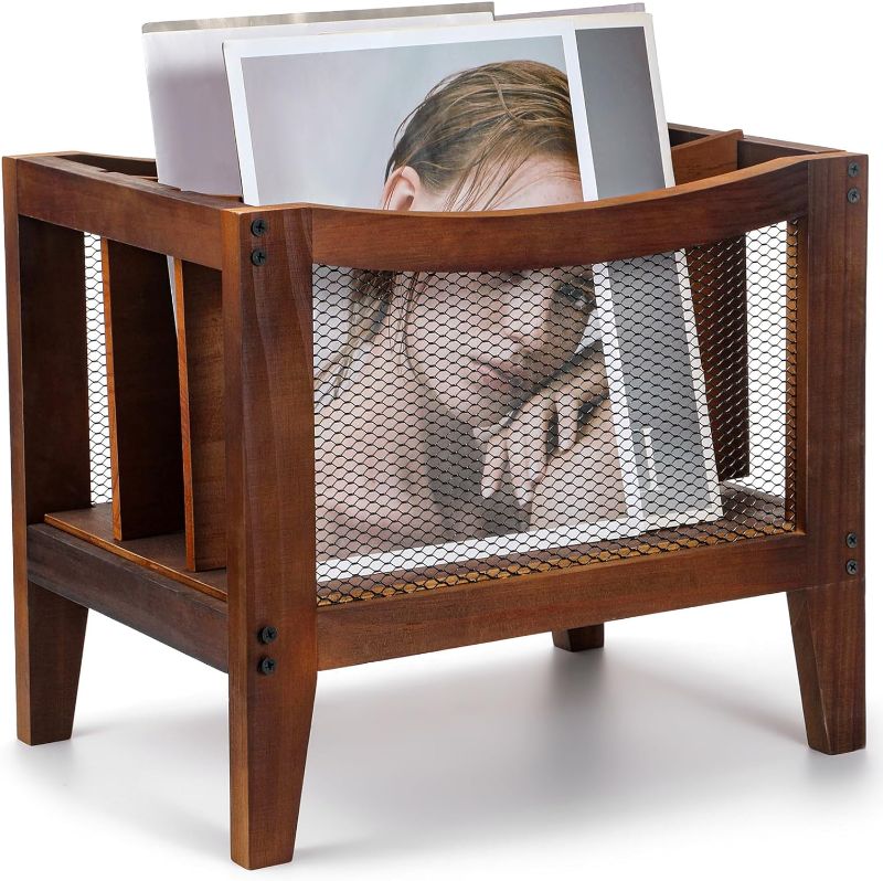 Photo 1 of 3 Slots Wooden Desktop File Holder Organizer Wood Magazine Holder with Netting Side Panels Brown Magazine Rack for Letters Magazines Newspapers for Home Office, 15" x 11" x 13"