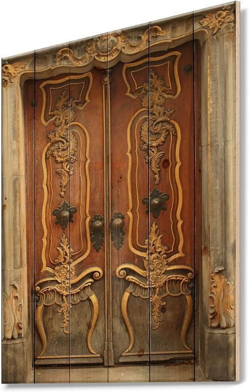 Photo 1 of ***USED - NO PACKAGING***
DesignQ Brown Old Door With Gold Ornaments Traditional Wood Wall Decor, Brown Wood Wall Art, Large Abstract Wood Wall Panels Printed On Natural Pine Wood Art