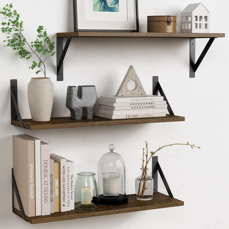 Photo 1 of (see all images) Floating Shelves 24 Inch Long for Wall Set of 3, Rustic Wood Floating Bookshelf for Bedroom