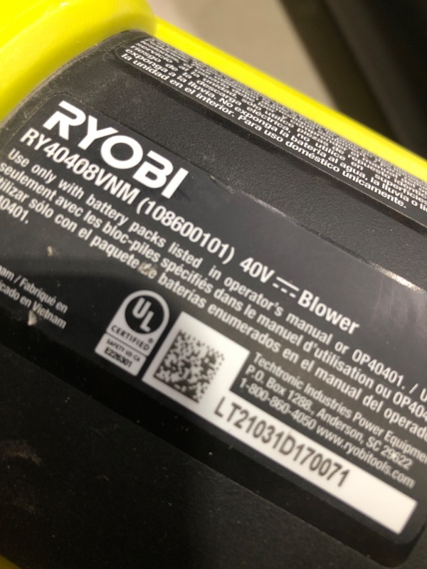 Photo 3 of (missing battery) RYOBI 40V 110 MPH 525 CFM  Variable-Speed Jet Fan Leaf Blower (Tool-Only)