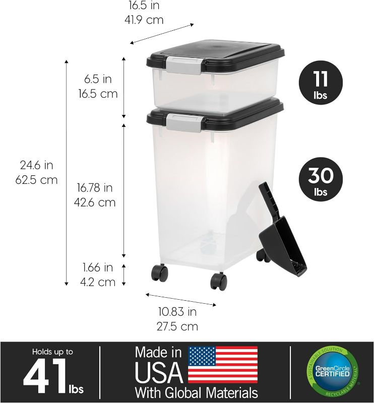 Photo 4 of (NON-REFUNDABLE) IRIS USA 3-Piece 35 Lbs / 45 Qt WeatherPro Airtight Pet Food Storage Container Combo with Scoop and Treat Box for Dog Cat and Bird Food, Stackable, Keep Pests Out, Translucent Body, BPA Free, Chrome 3-Piece / 35 Lbs - 45 Qt Chrome